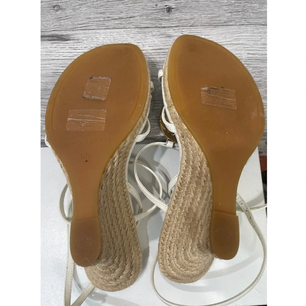 Tory Burch Miller Wedge Sandals White Leather Gold Logo Espadrille 6.5M 89131